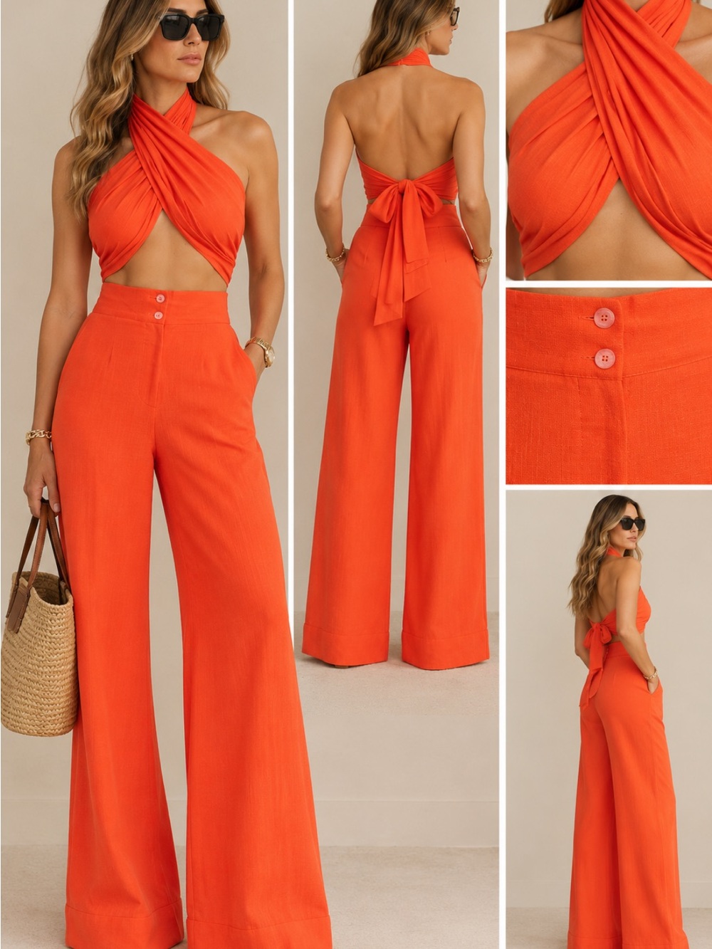 New with Tags Women's High-Waist Wide-Leg Pant and Halter Tie Back - Orange XXS